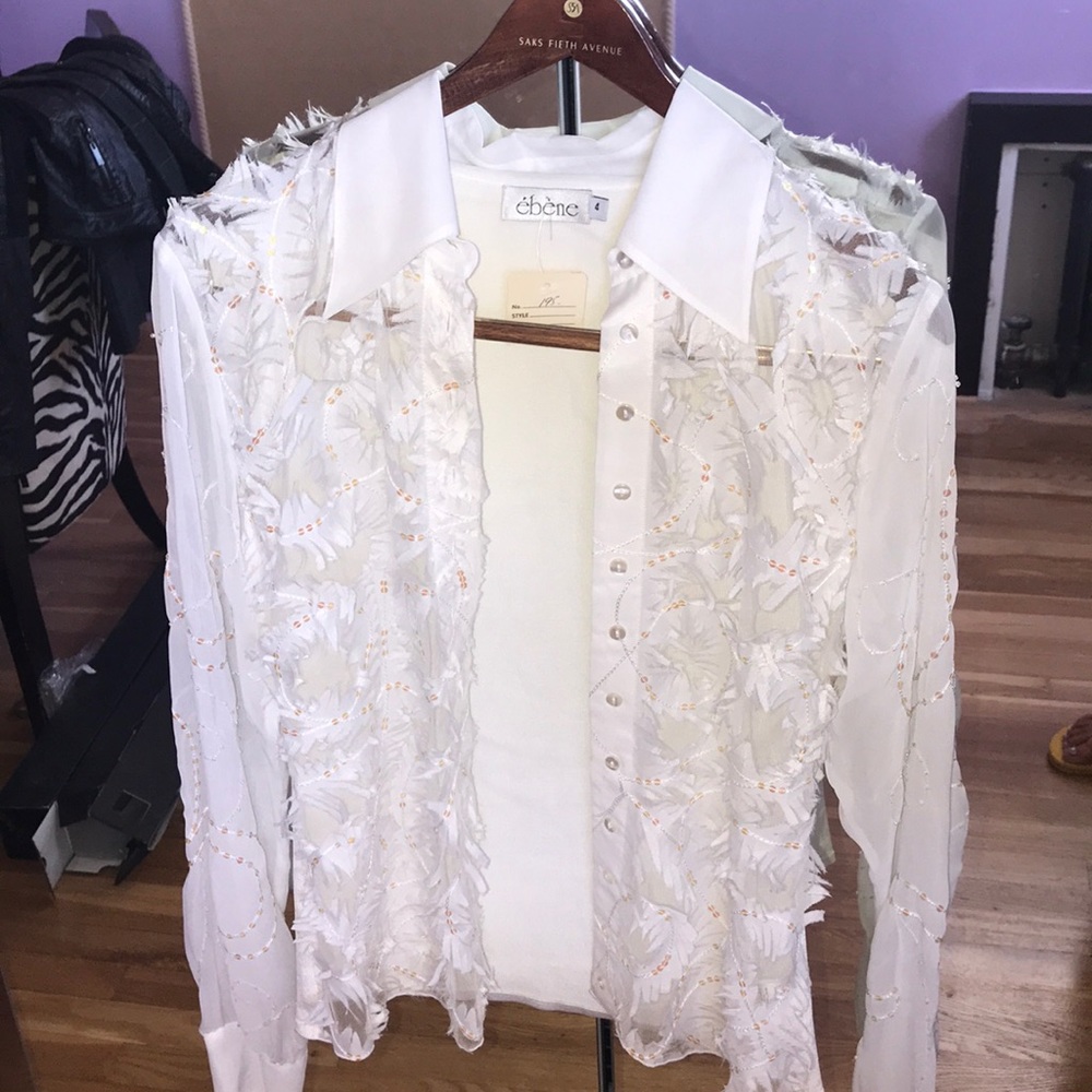 Beene French cotton knit embroidered lace blouse 4